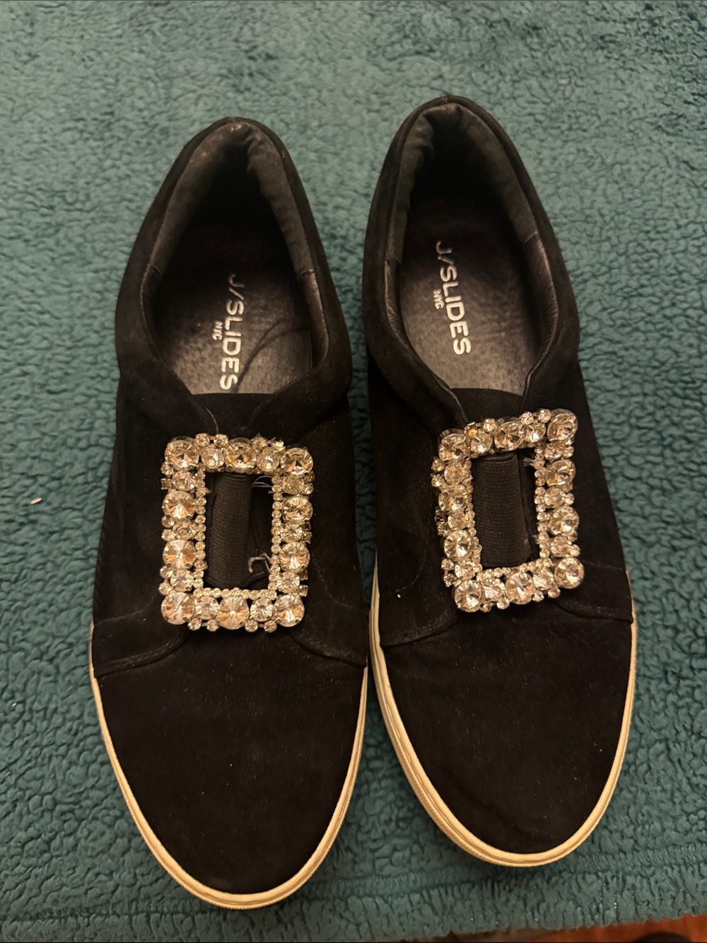J/SLIDES Black Slip-On Mules with Crystal Rectangular Buckle